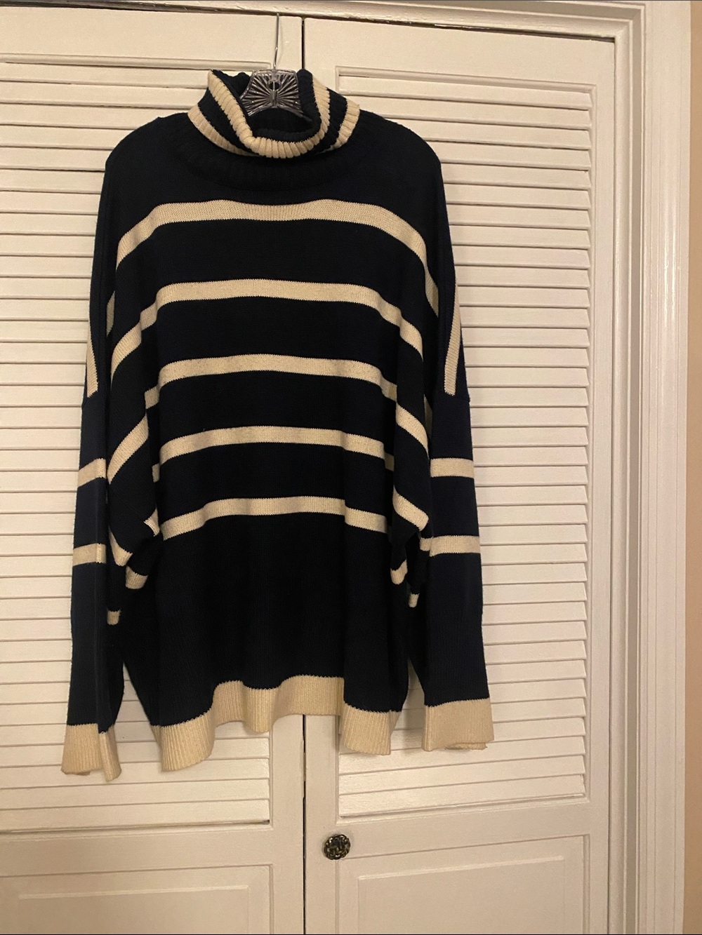Topshop Navy and Cream Striped Turtleneck Sweater